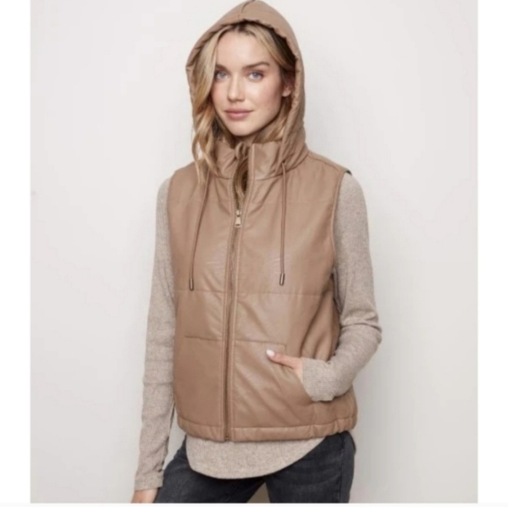 CHARLIE B Hooded Quilted Puffer Vest - Camel